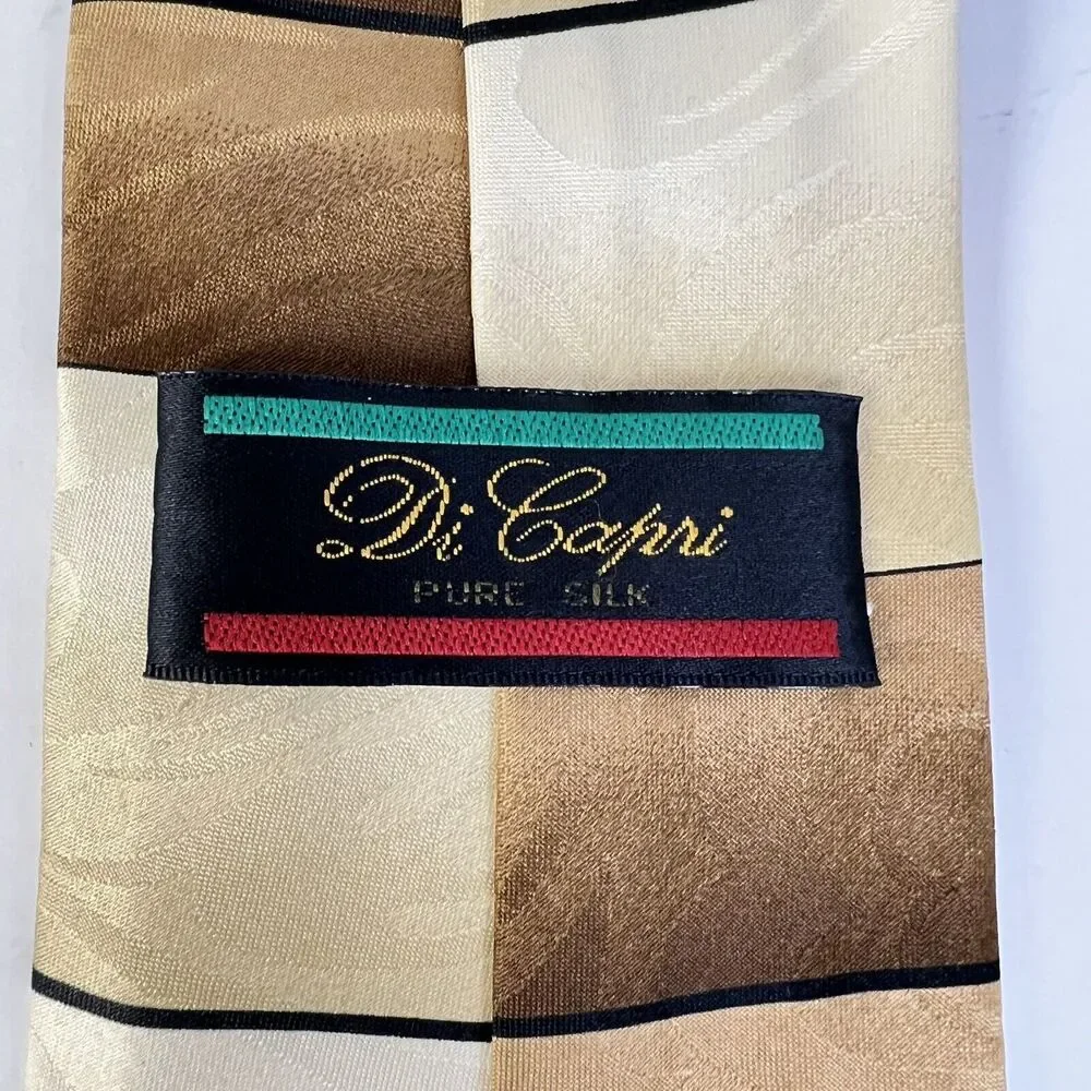 Graphic Print Tie Brown Hipster Rockabilly Di Capri Silk Necktie Retro Vintage
